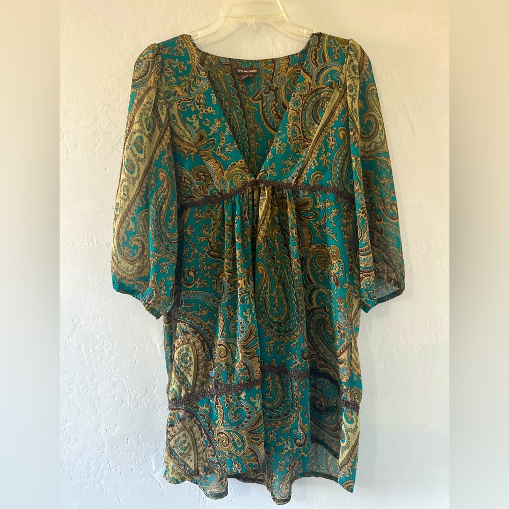 COCO AND CHASE Turquoise Boho Paisley Design 3/4 sleeve Size M